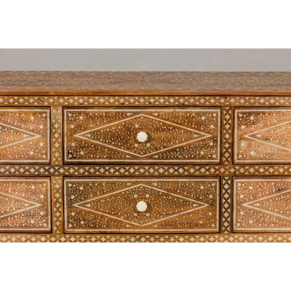 Wooden Chest Of Drawers Mango Anglo-Indian Style Eight Drawers Floral Bone Inlay