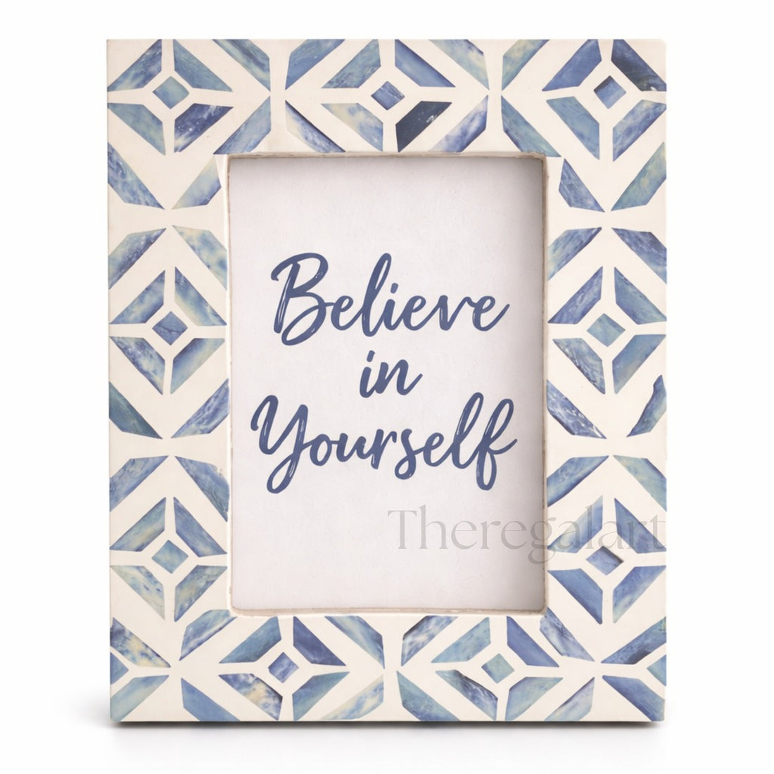 Handcrafted Blue & White Geometric Pattern Photo Frame – Decorative Tabletop Picture Frame