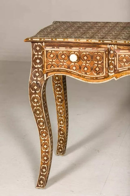 Vintage Console Table Three Drawers Louis XV Style Anglo-Indian Bone Inlay Furni