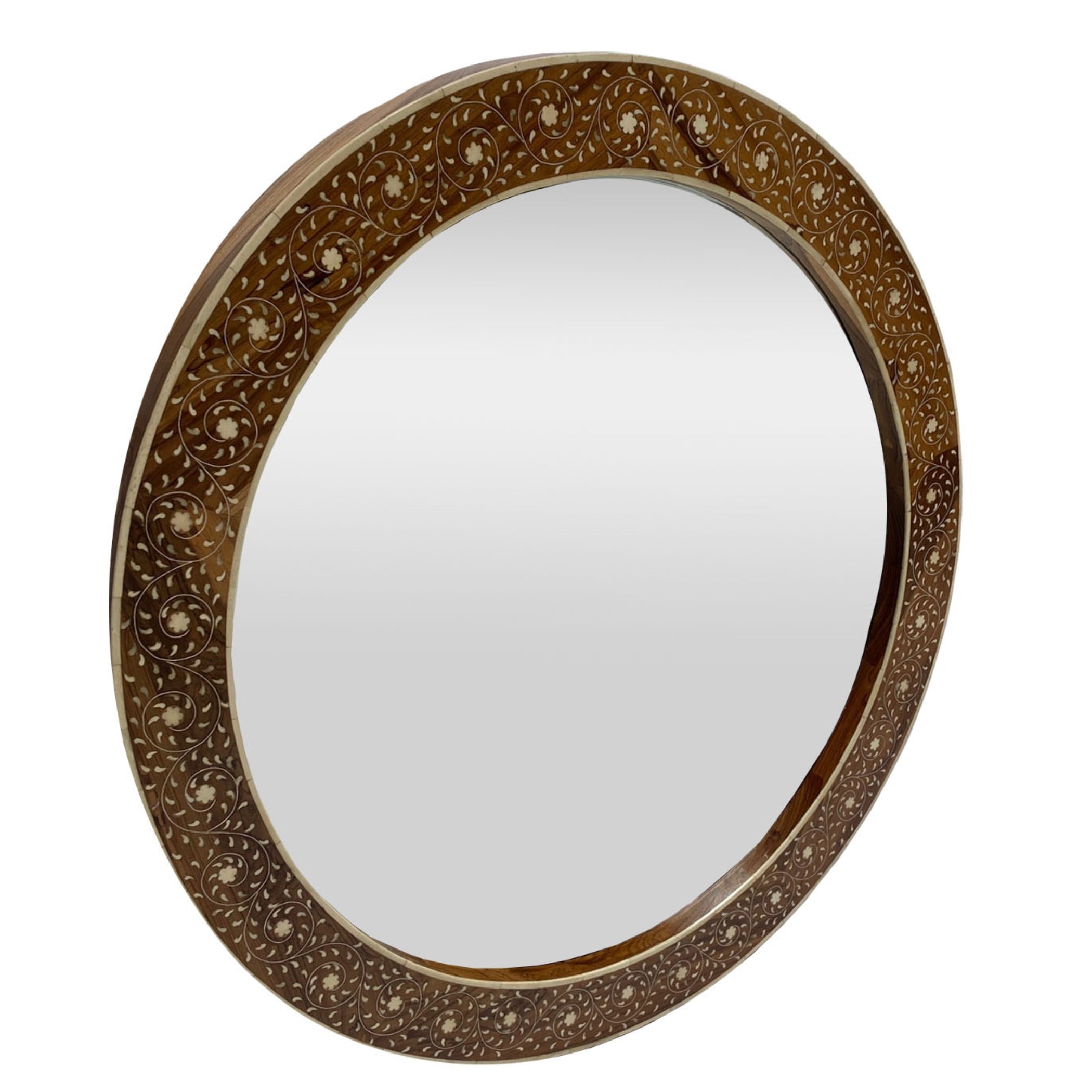 Handmade Bone Inlay Round Mirror | Floral Teakwood Mirror Frame