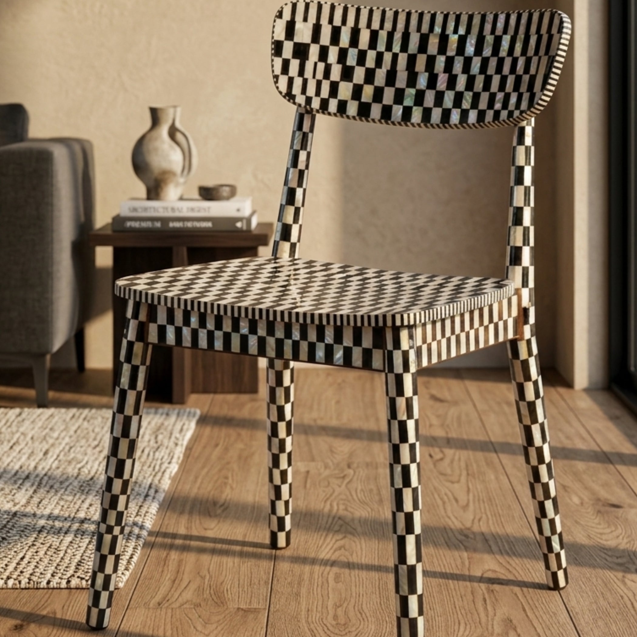 Black White Mother of Pearl Inlay Dining Chair Handmade