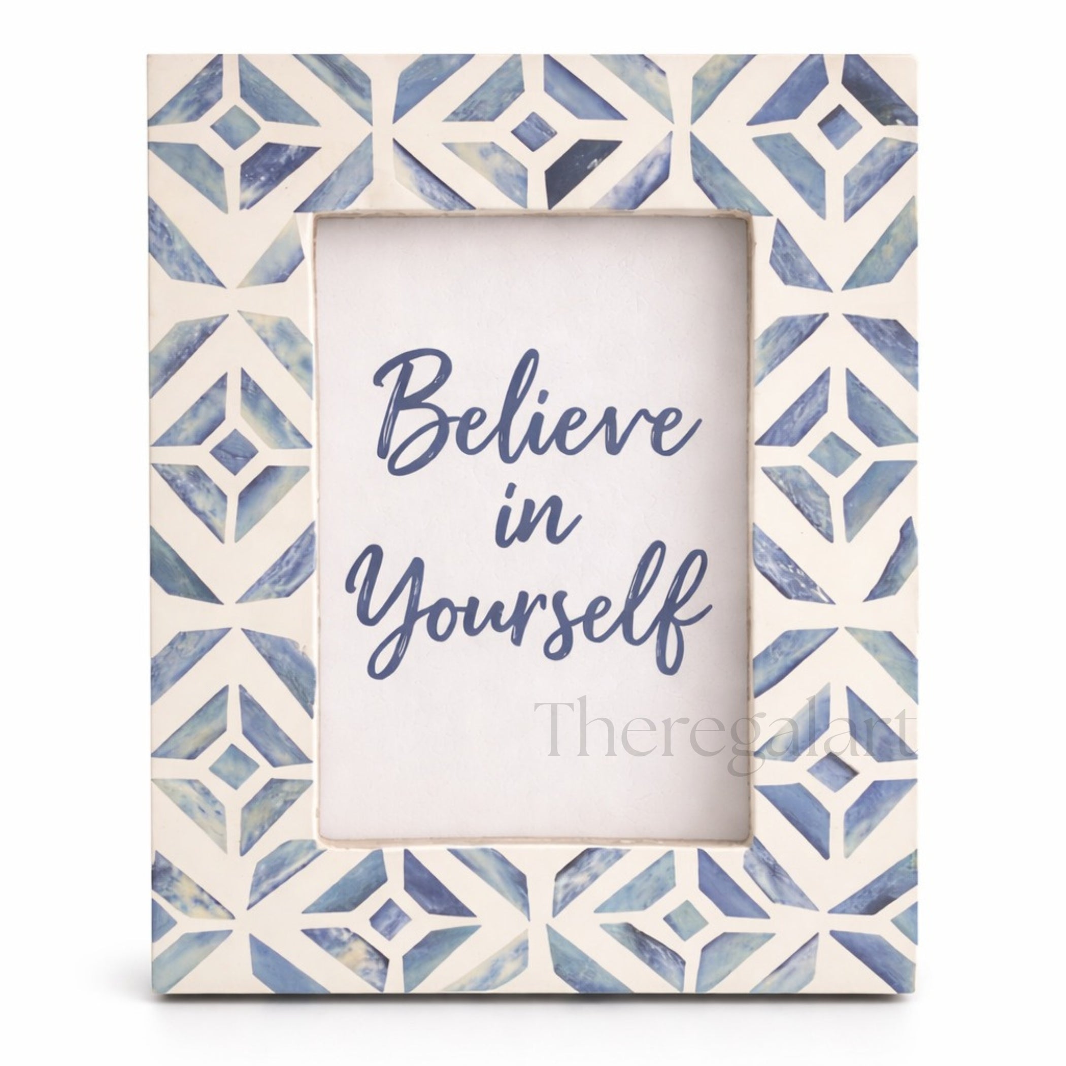 Handcrafted Blue & White Geometric Pattern Photo Frame – Decorative Tabletop Picture Frame