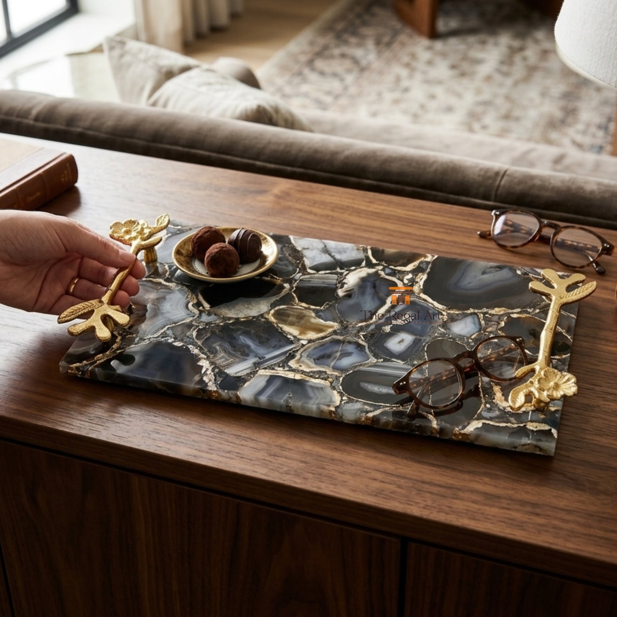 Black Agate Serving Tray | Luxury Gold Handle Table Decor