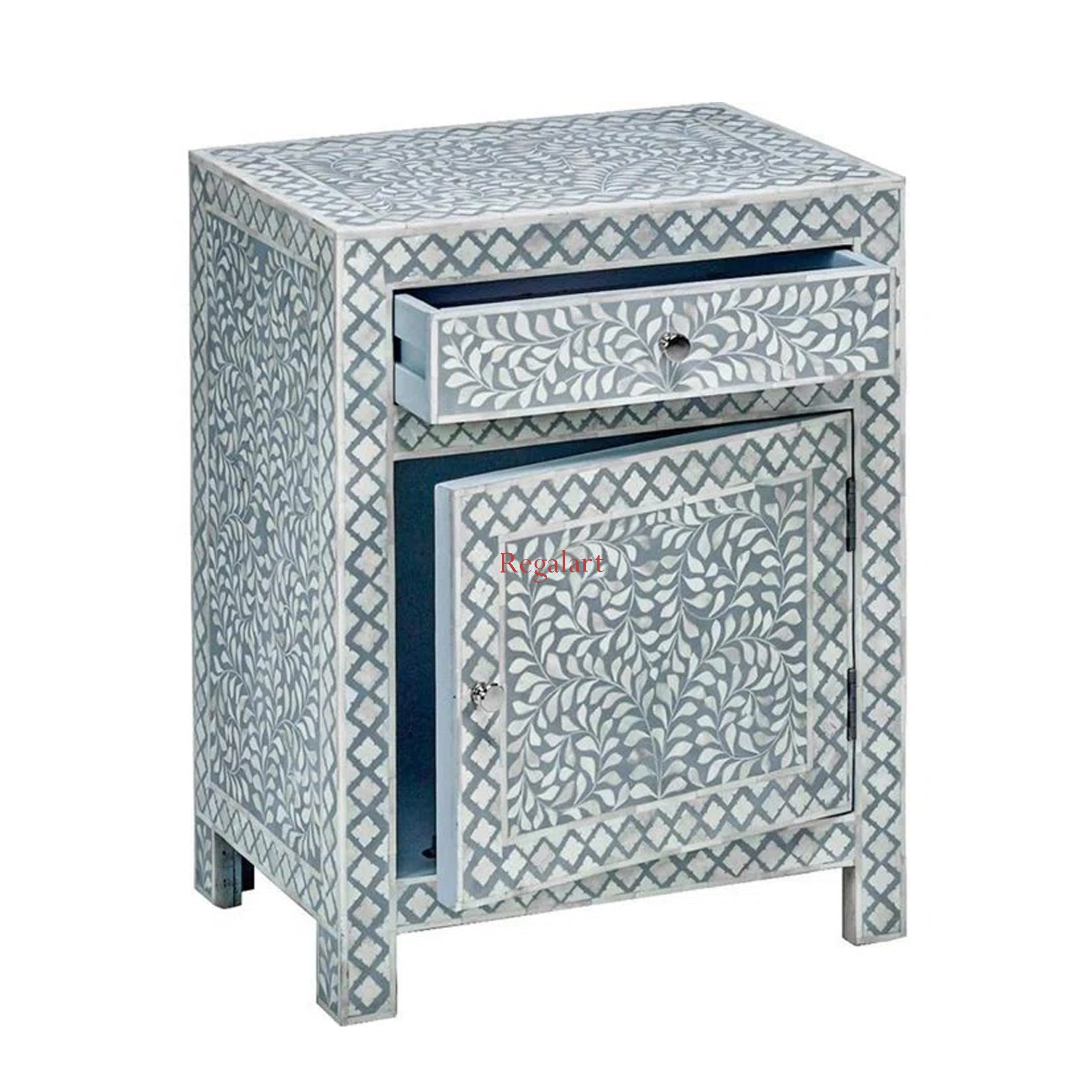 Floral Pattern Bone Inlay Nightstands Elegant Bedside Tables Drawer end Door Table