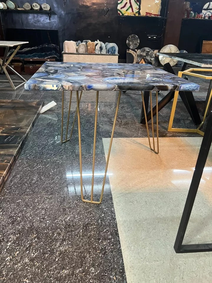 Premium Blue Agate Coffee Table Top with Handcrafted Semi-Precious Stone Mosaic Design