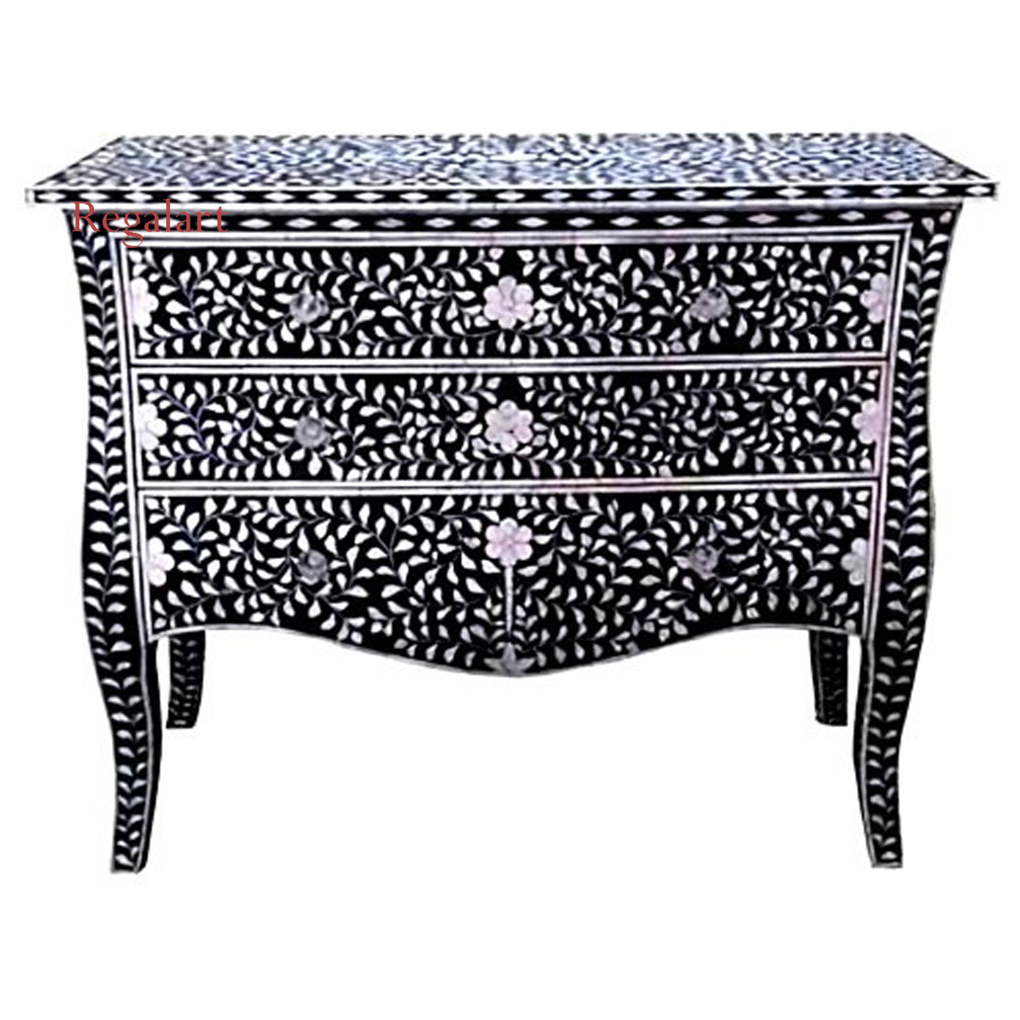 Mother of Pearl Inlay Chest of Drawers - 9-Drawer Floral Design Dresser | Elegant Bedroom Décor