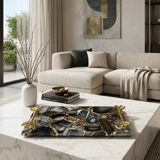 Black Agate Serving Tray with Gold Handles – Natural Stone Coffee Table Decor