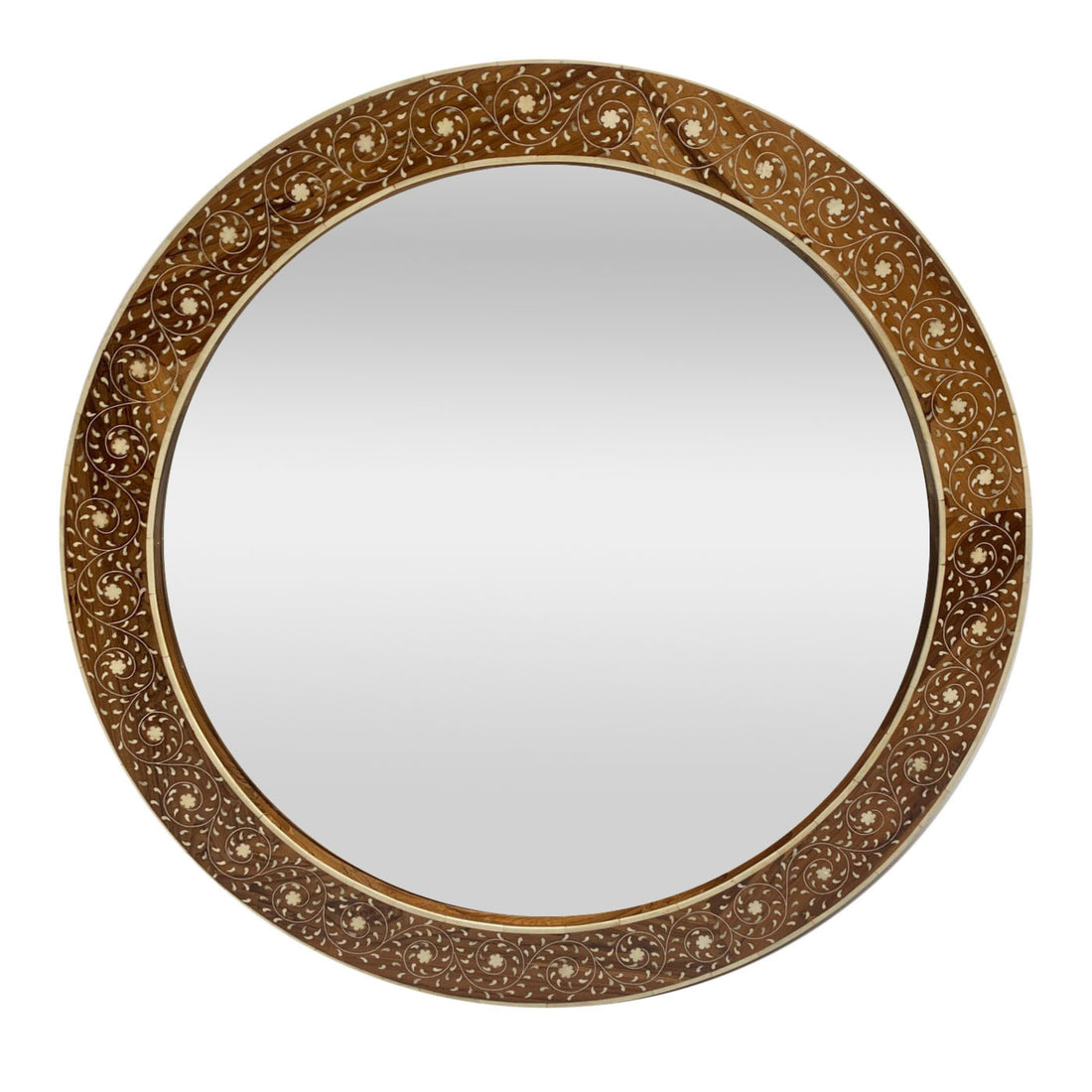Handmade Bone Inlay Round Mirror | Floral Teakwood Mirror Frame