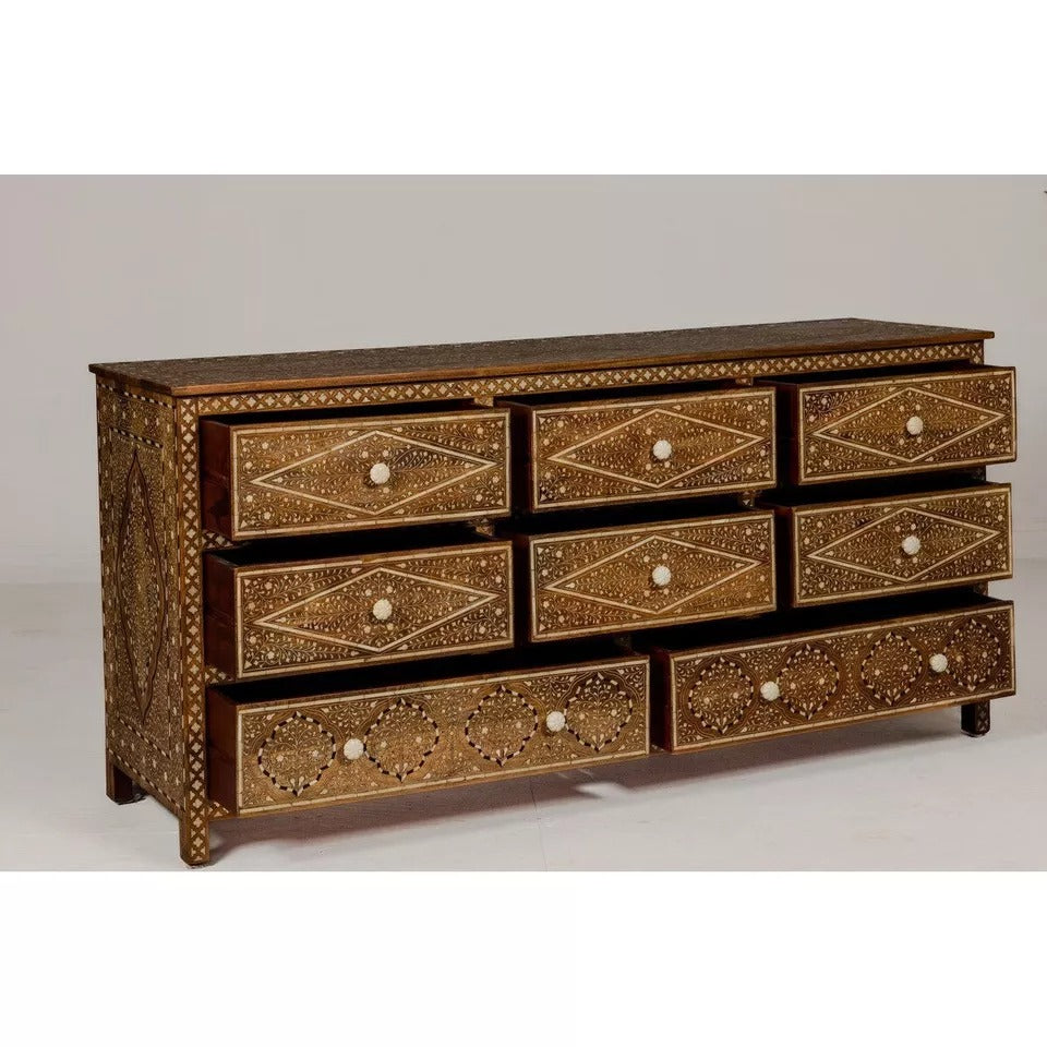 Wooden Chest Of Drawers Mango Anglo-Indian Style Eight Drawers Floral Bone Inlay