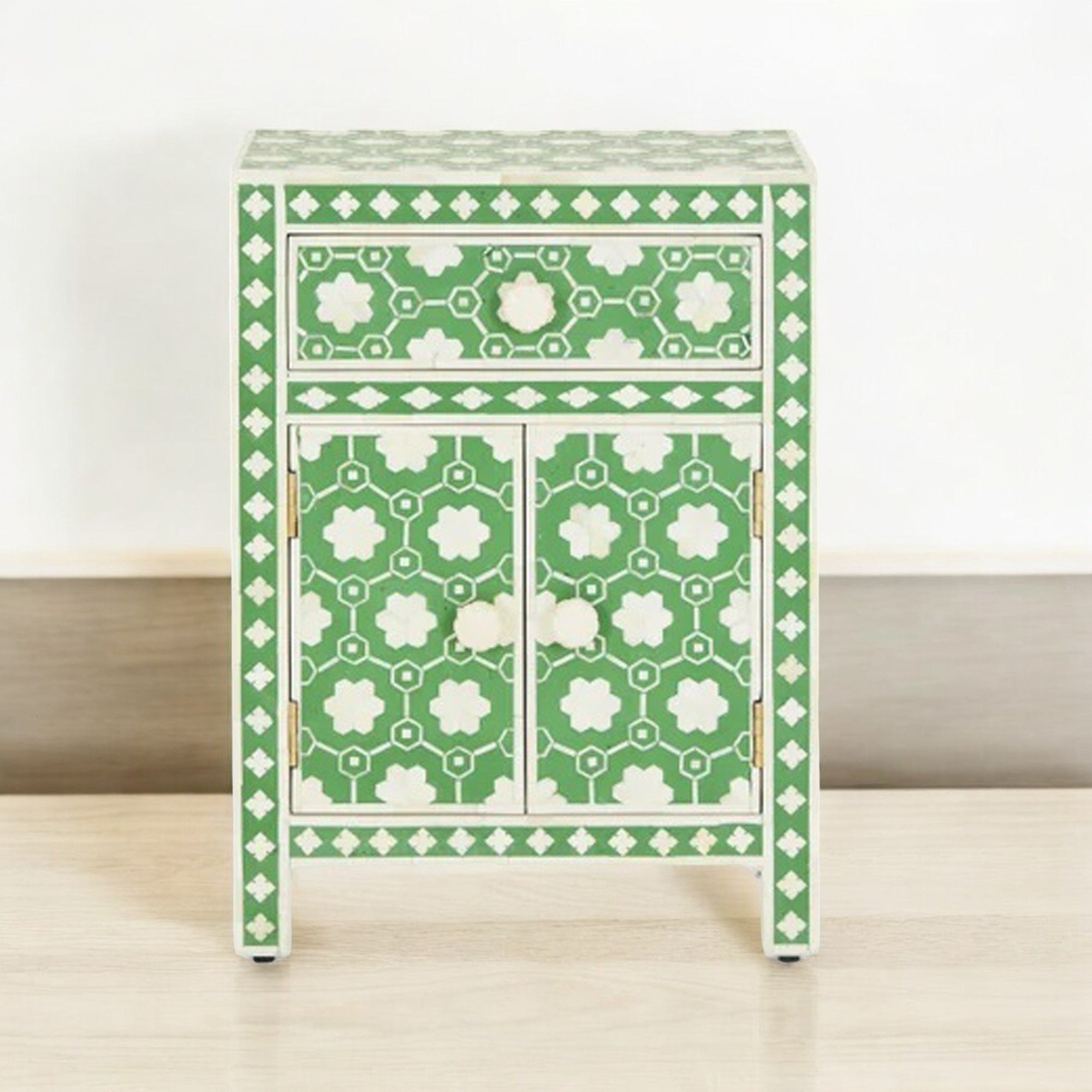 Handmade Bone Inlay Wooden Bedside/Side table/Nightstand with 1 Drawer and 2 Door Furniture/Bone inlay Living Room Furniture/ Free Shipping.