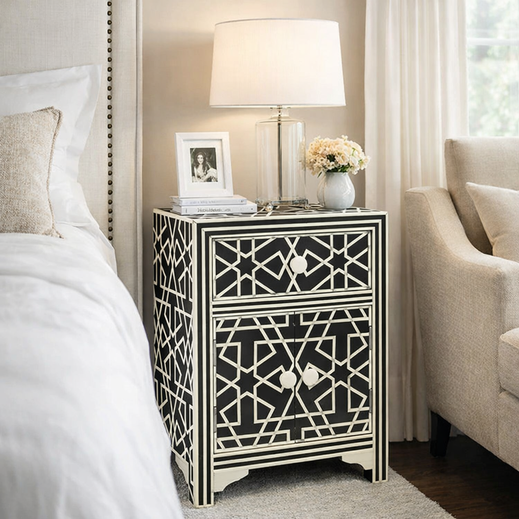 Luxury Geometric Bone Inlay Table | 1 Drawer 1 Door