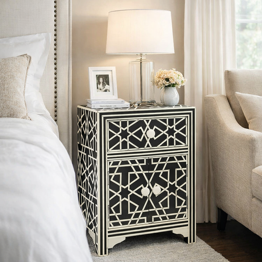 Bone Inlay Bedside Table with Geometrical Pattern | One Drawer & One Door Nightstand | Bedroom Living Room Furniture