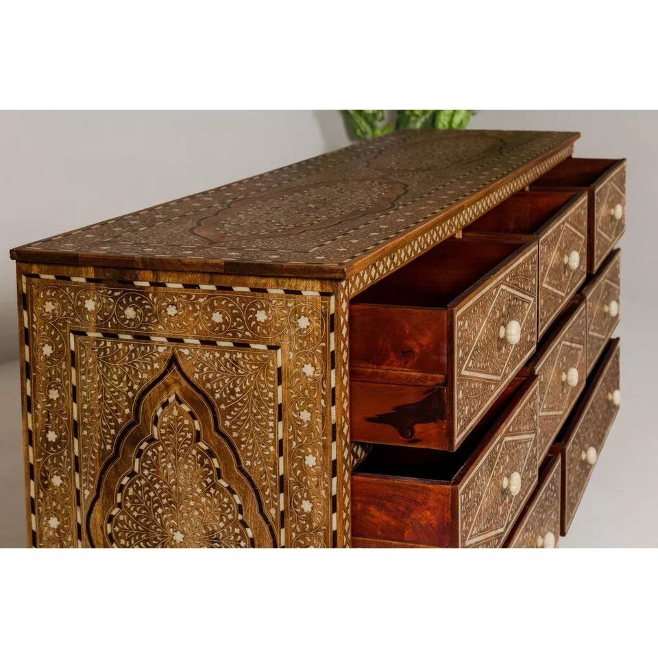 Wooden Chest Of Drawers Mango Anglo-Indian Style Eight Drawers Floral Bone Inlay