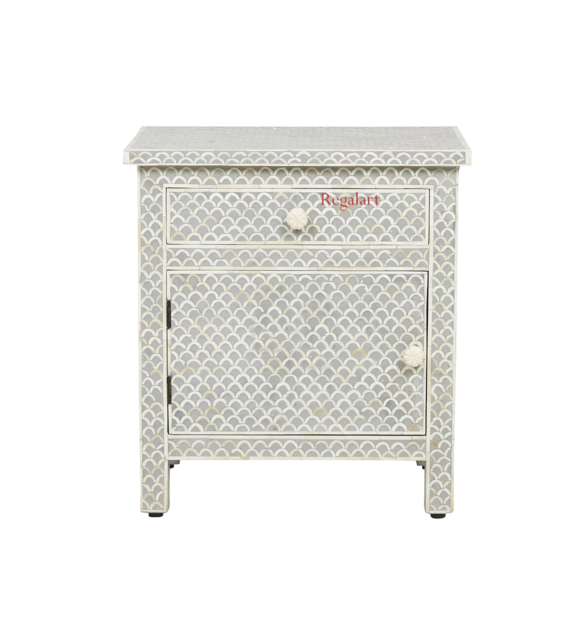 Handmade Bone Inlay Bedside Table With 1 Drawer 1 Door Home Decor Unique Pattern Nightstands Table