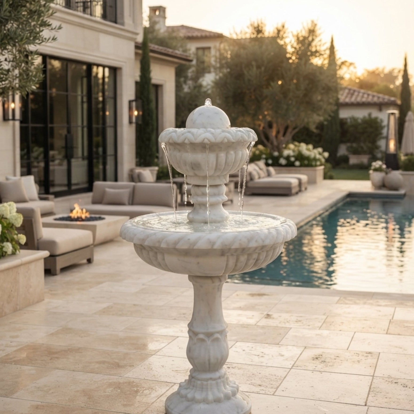 A white stone two-tiered pedestal fountain with a central spout and small waterfalls, set on a light stone patio next to a swimming pool in an upscale outdoor residential setting.