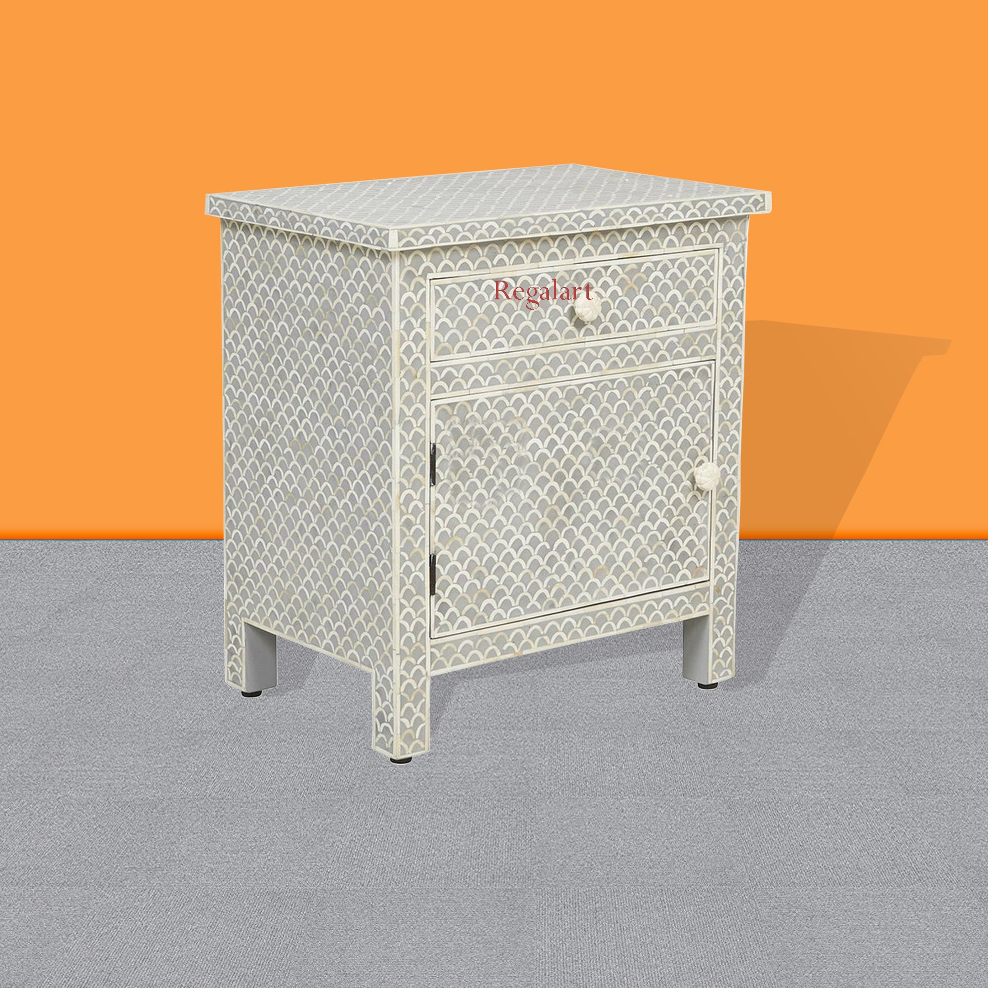 Handmade Bone Inlay Bedside Table With 1 Drawer 1 Door Home Decor Unique Pattern Nightstands Table