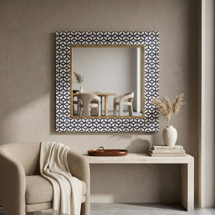 Blue Bone Inlay Square Wall Mirror with Brass Trim