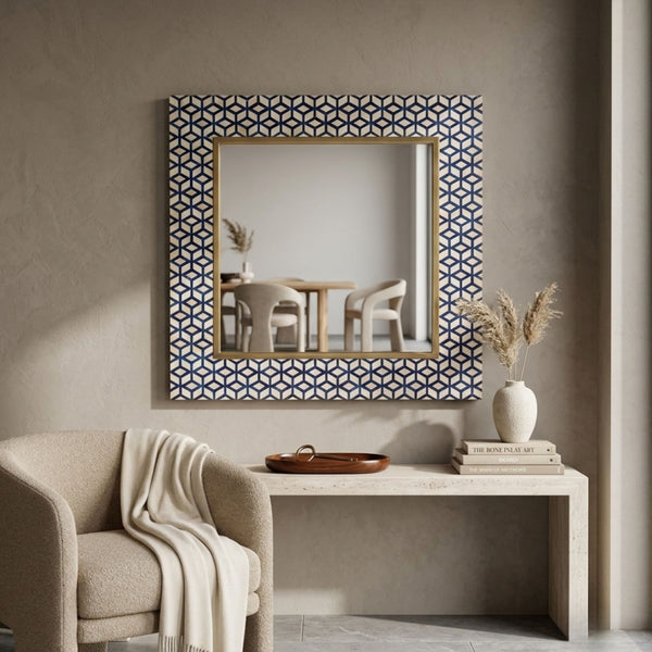 Blue Bone Inlay Square Wall Mirror with Brass Trim