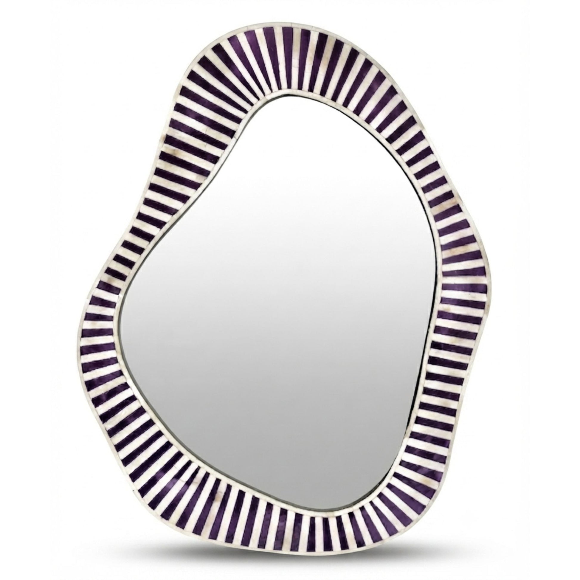 An organic-shaped wall mirror with a silver-toned frame and a border of alternating dark purple and silver inlay stripes, shown on a white background with a soft shadow.