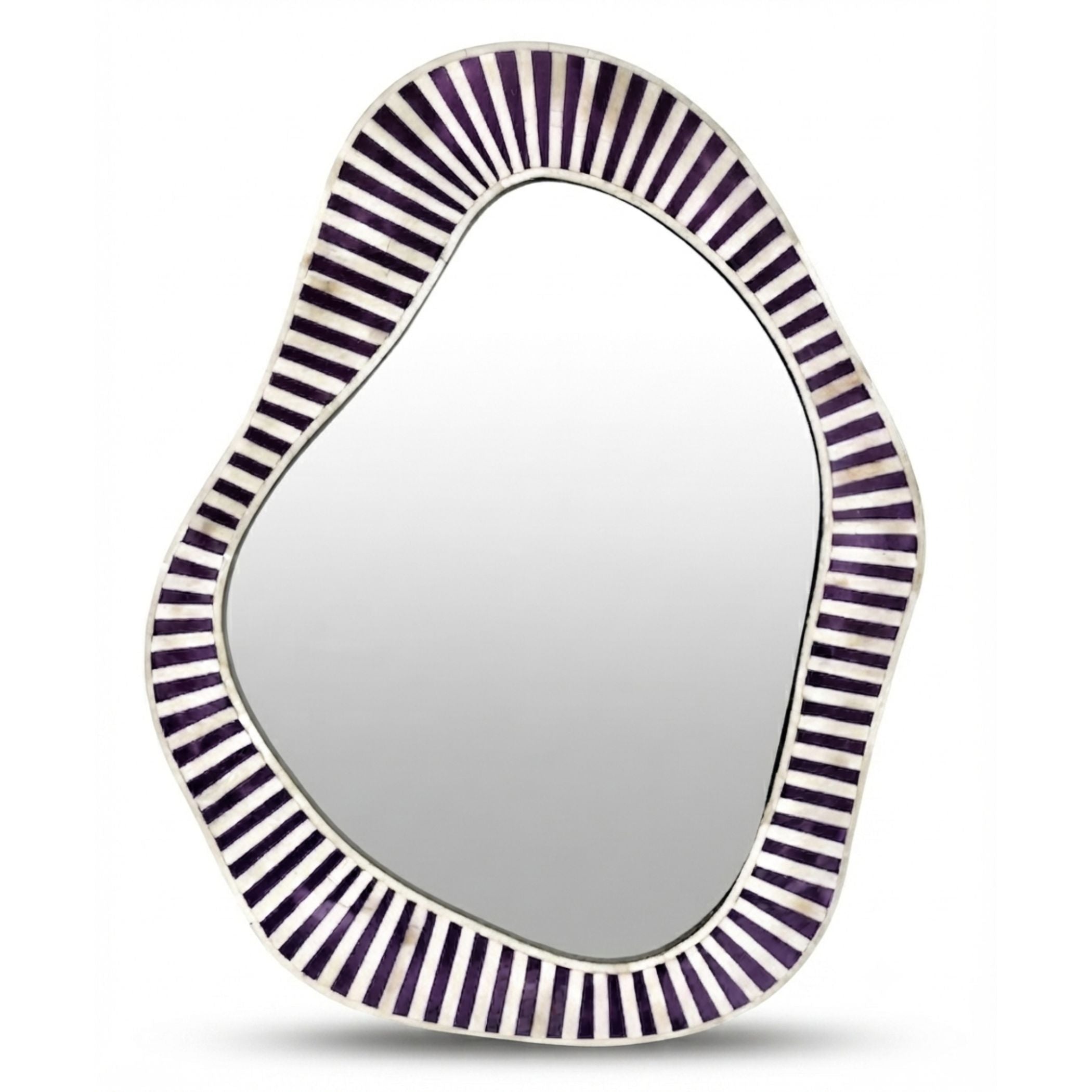 An organic-shaped wall mirror with a silver-toned frame and a border of alternating dark purple and silver inlay stripes, shown on a white background with a soft shadow.