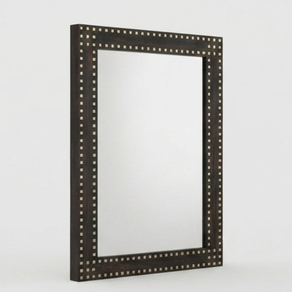 Brown Bone Inlay Rectangular Wall Mirror with Square Dot Pattern - Handmade Decorative Mirror | The Regal Art