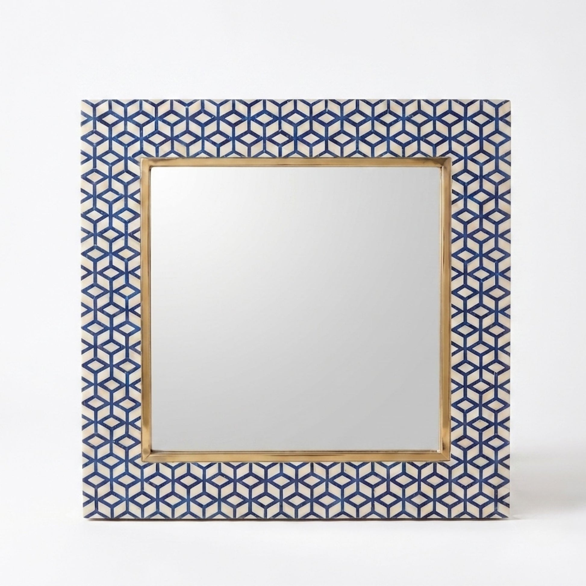 Square decorative mirror with a geometric blue and ivory patterned frame and a gold inner border, shown against a plain white background.