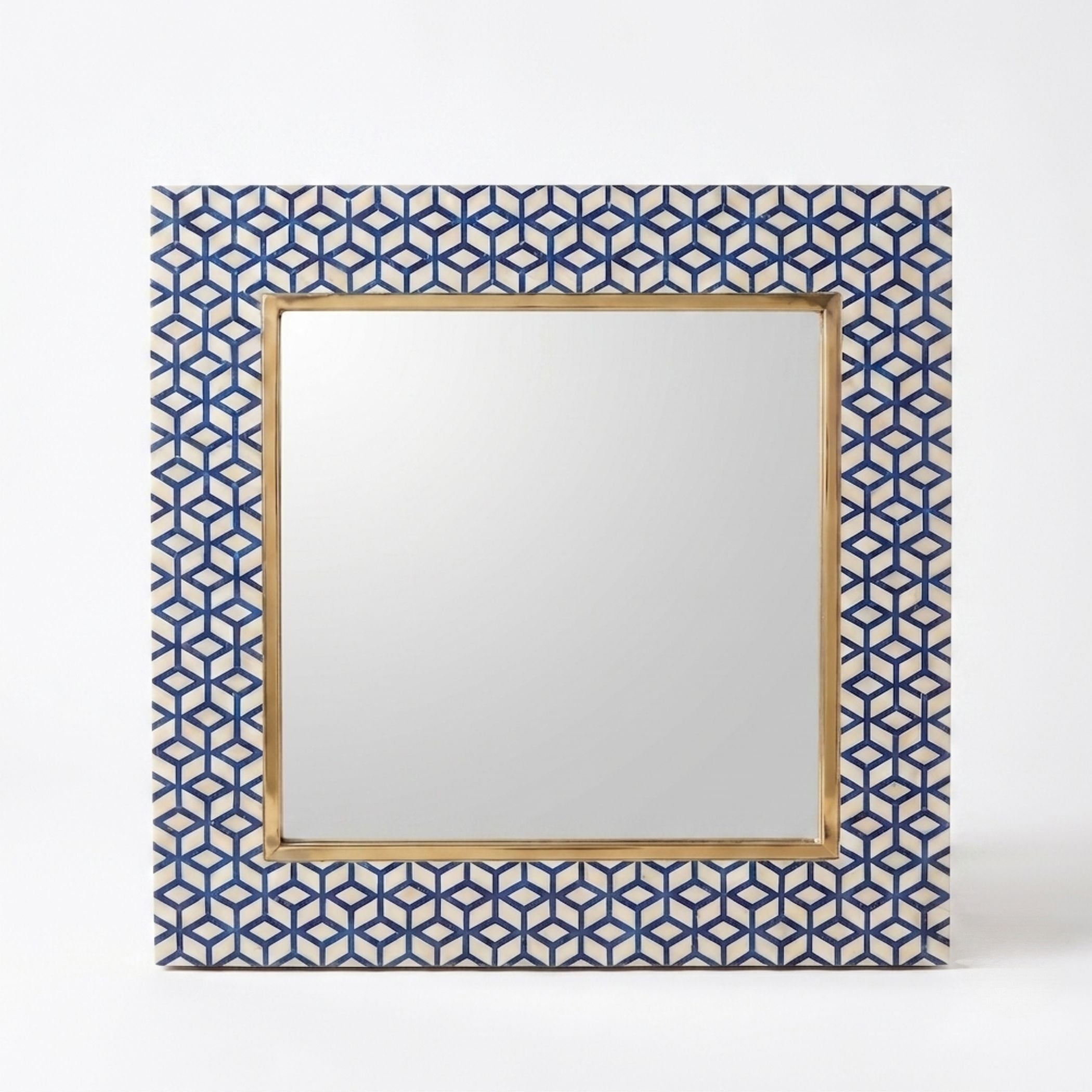 Square decorative mirror with a geometric blue and ivory patterned frame and a gold inner border, shown against a plain white background.