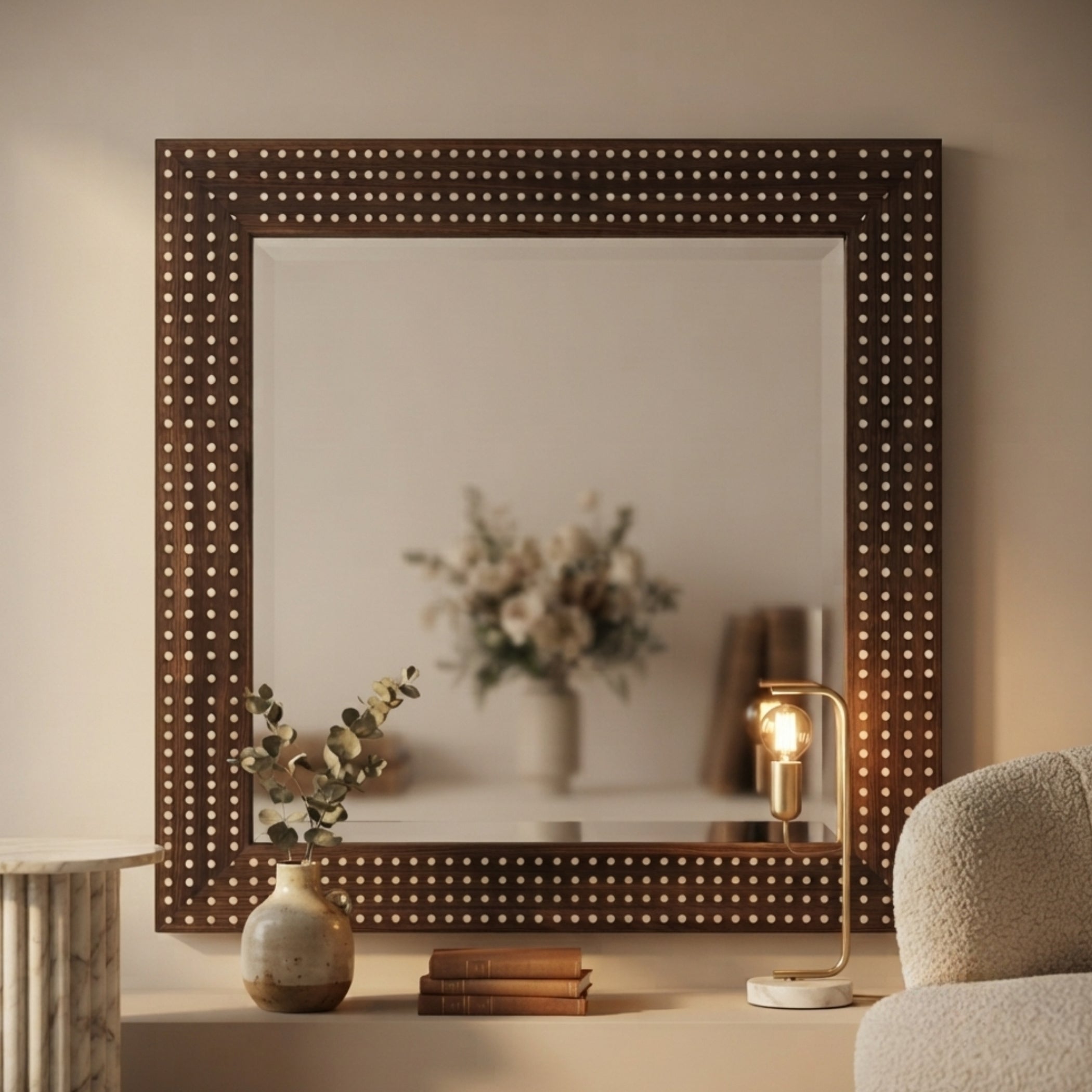 A large wall mirror with a dark brown frame studded with small metallic dots, shown hanging above a console table in a styled interior. The reflection and room setting include a vase with branches, books, a lit table lamp, and part of a textured chair.