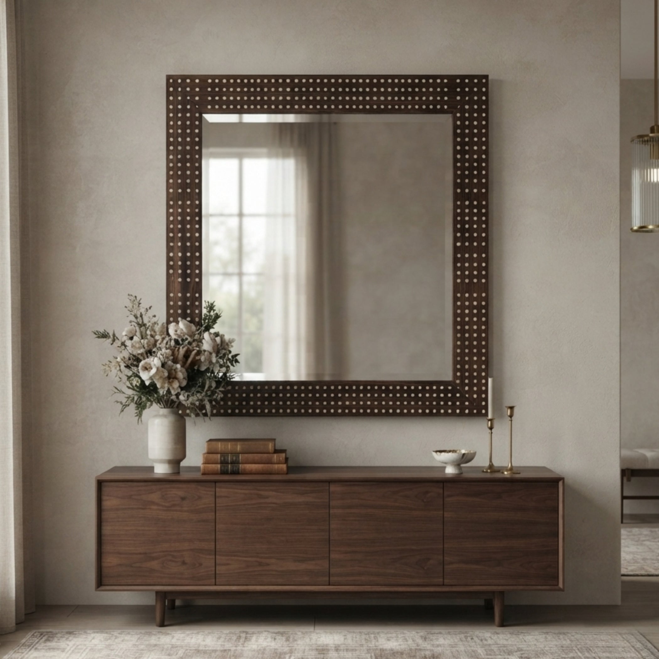 A large wall mirror with a dark brown wood frame studded with small metallic dots, mounted on a textured beige wall above a matching dark wood console table with decorative items.