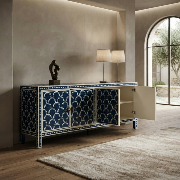 Blue & White Bone Inlay TV Cabinet | 4-Door Media Console