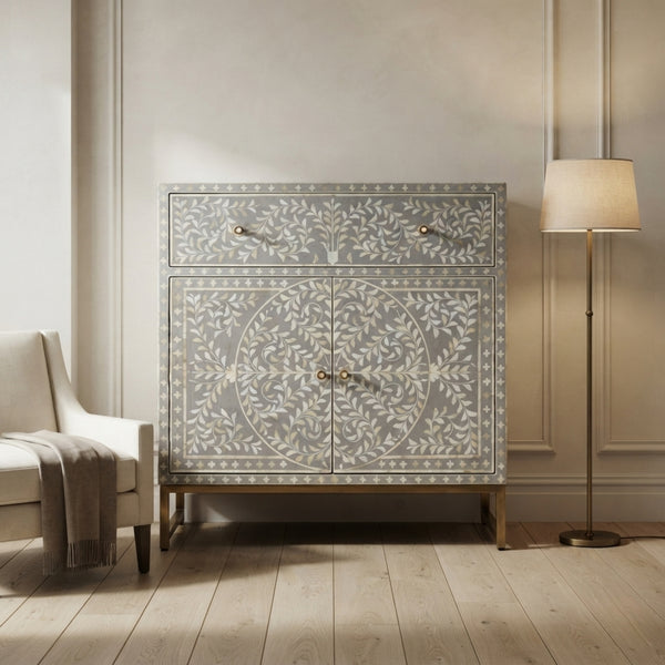 Scroll Vine Bone Inlay Luxury Entryway Cabinet  | The Regal Art