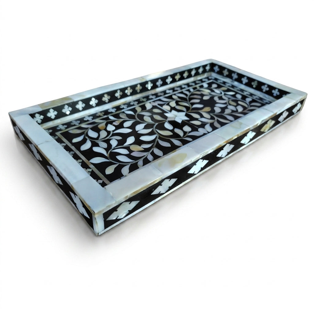 Handmade Black Mother of Pearl Serving Tray, Floral Home Decor