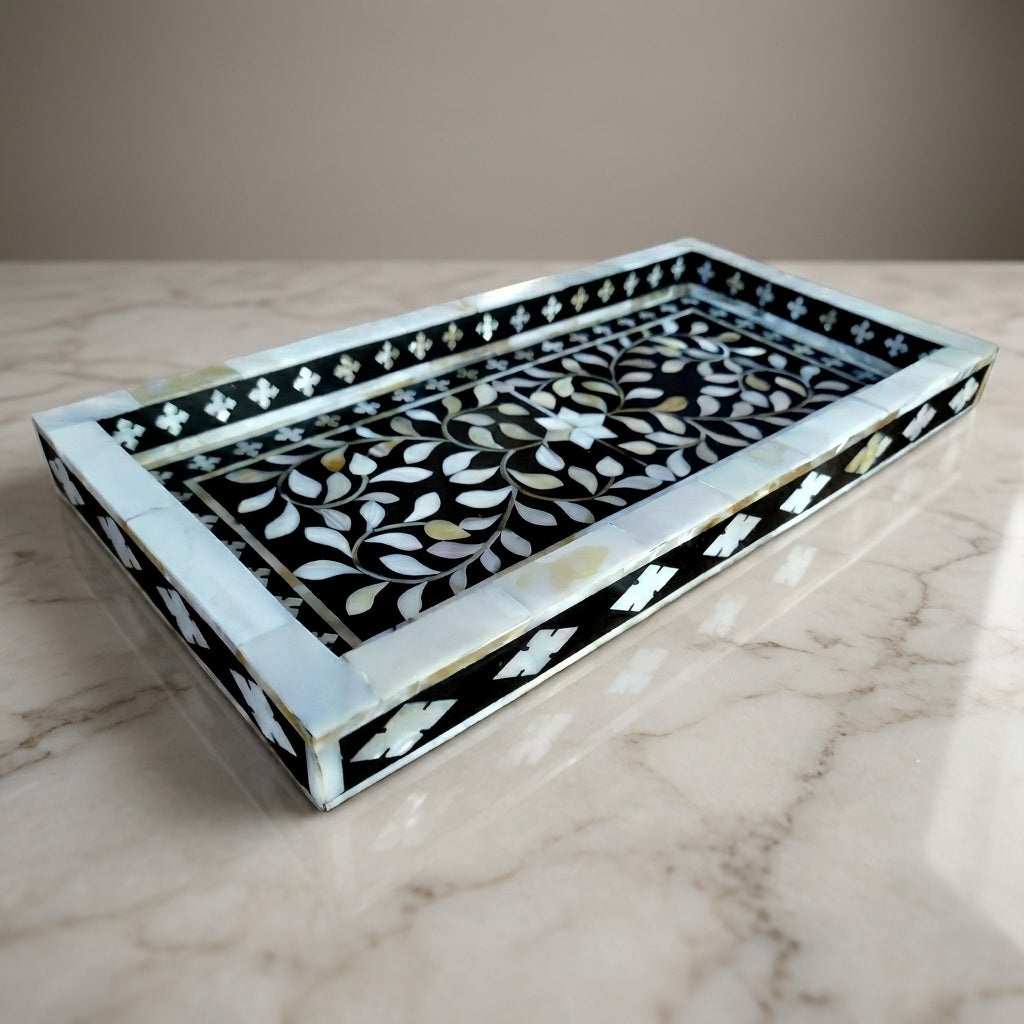 Handmade Black Mother of Pearl Serving Tray, Floral Home Decor