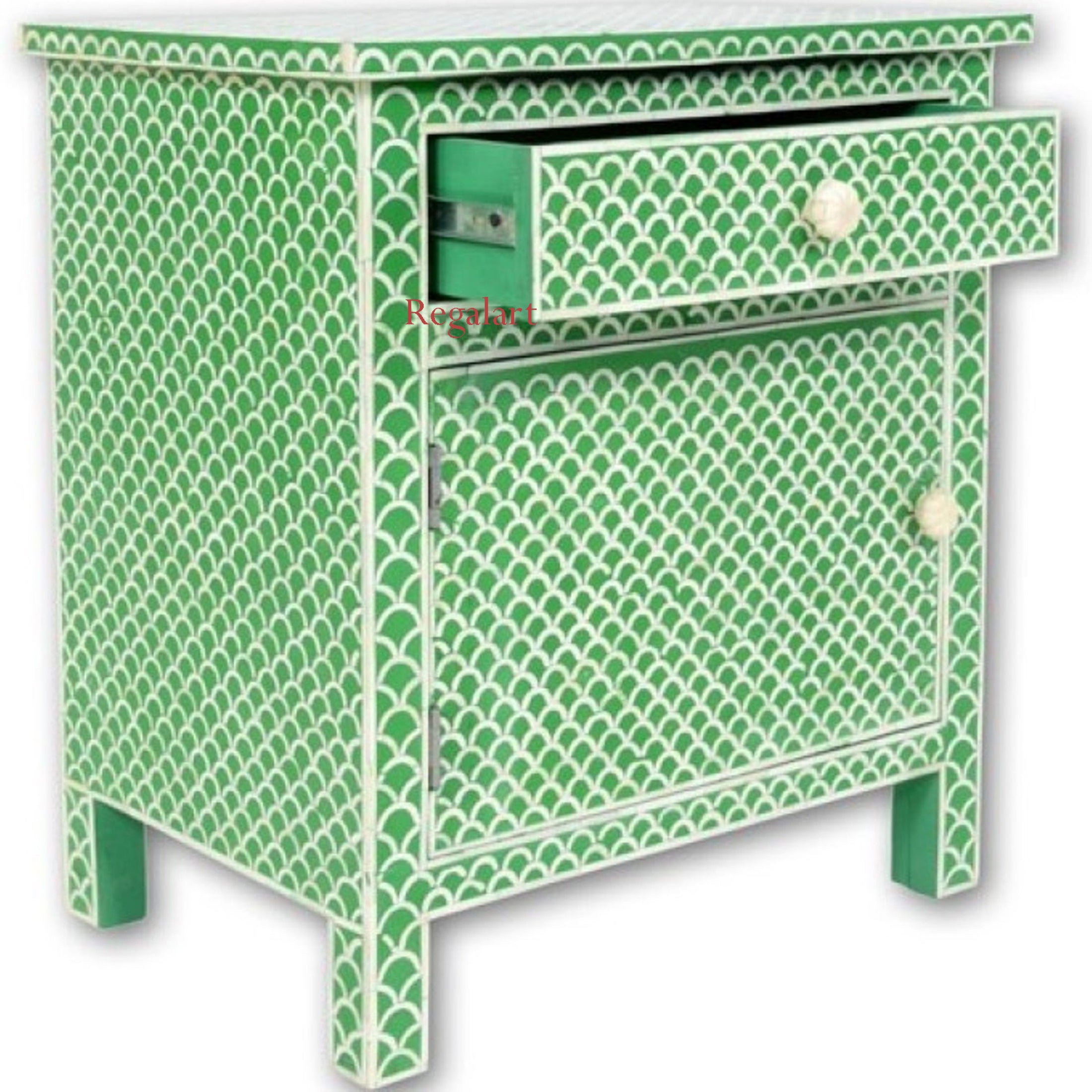 Handmade Bone Inlay Bedside Table With 1 Drawer 1 Door Home Decor Unique Pattern Nightstands Table