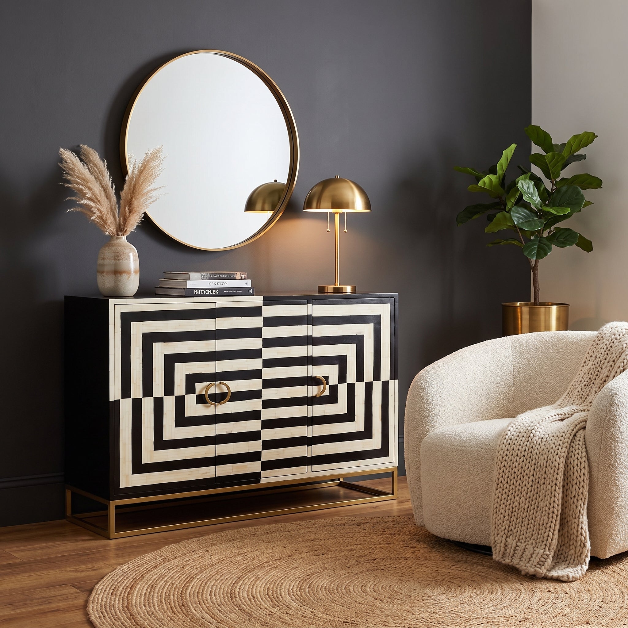 A black and white geometric patterned sideboard cabinet with gold metal legs and handles, styled in a modern room next to a cream armchair, a gold table lamp, and a round mirror against a dark gray wall.