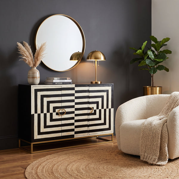 Handmade Bone Inlay Black White 3-Door Sideboard Cabinet