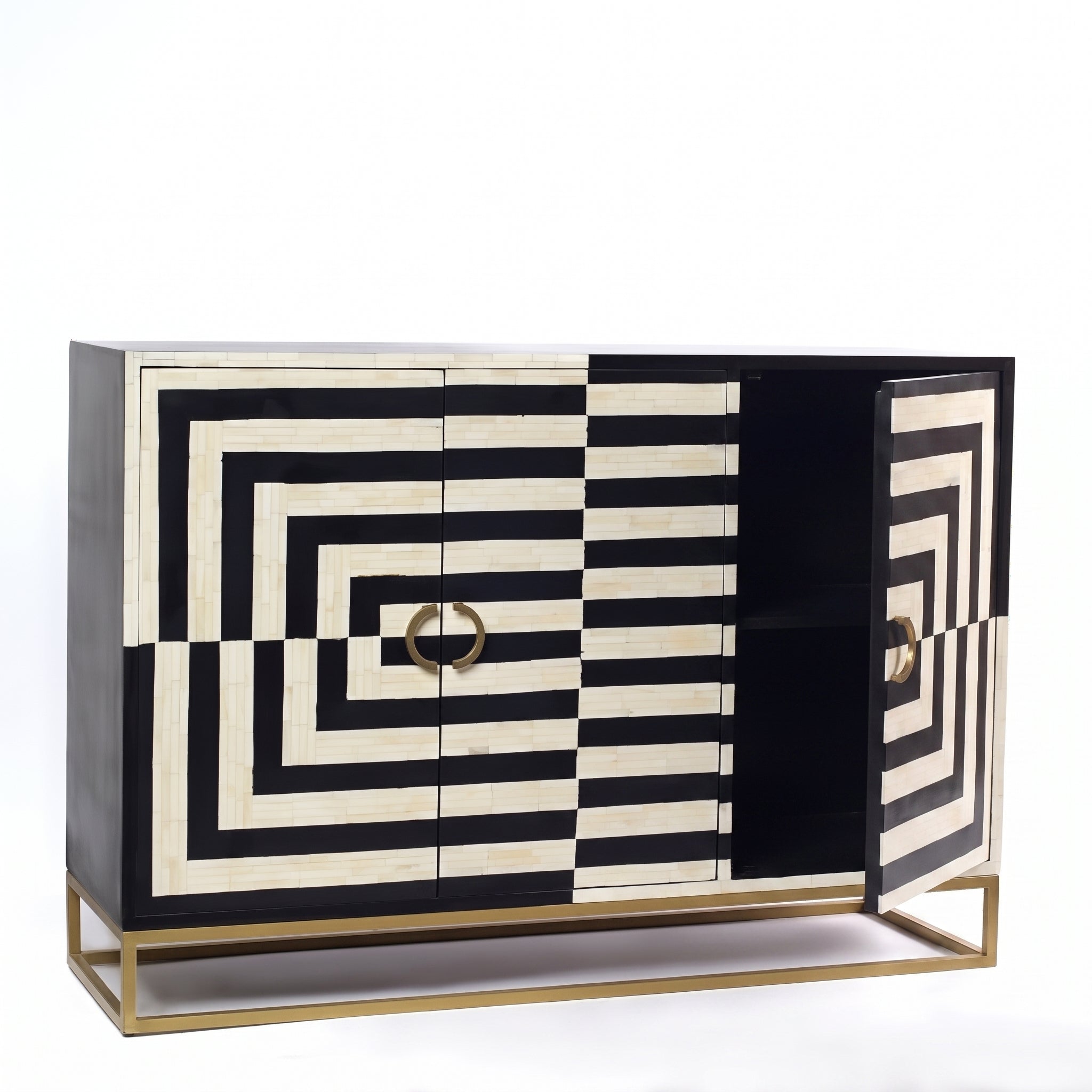 A modern sideboard cabinet with a black and off-white geometric striped pattern, featuring a gold metal frame and circular gold handles.