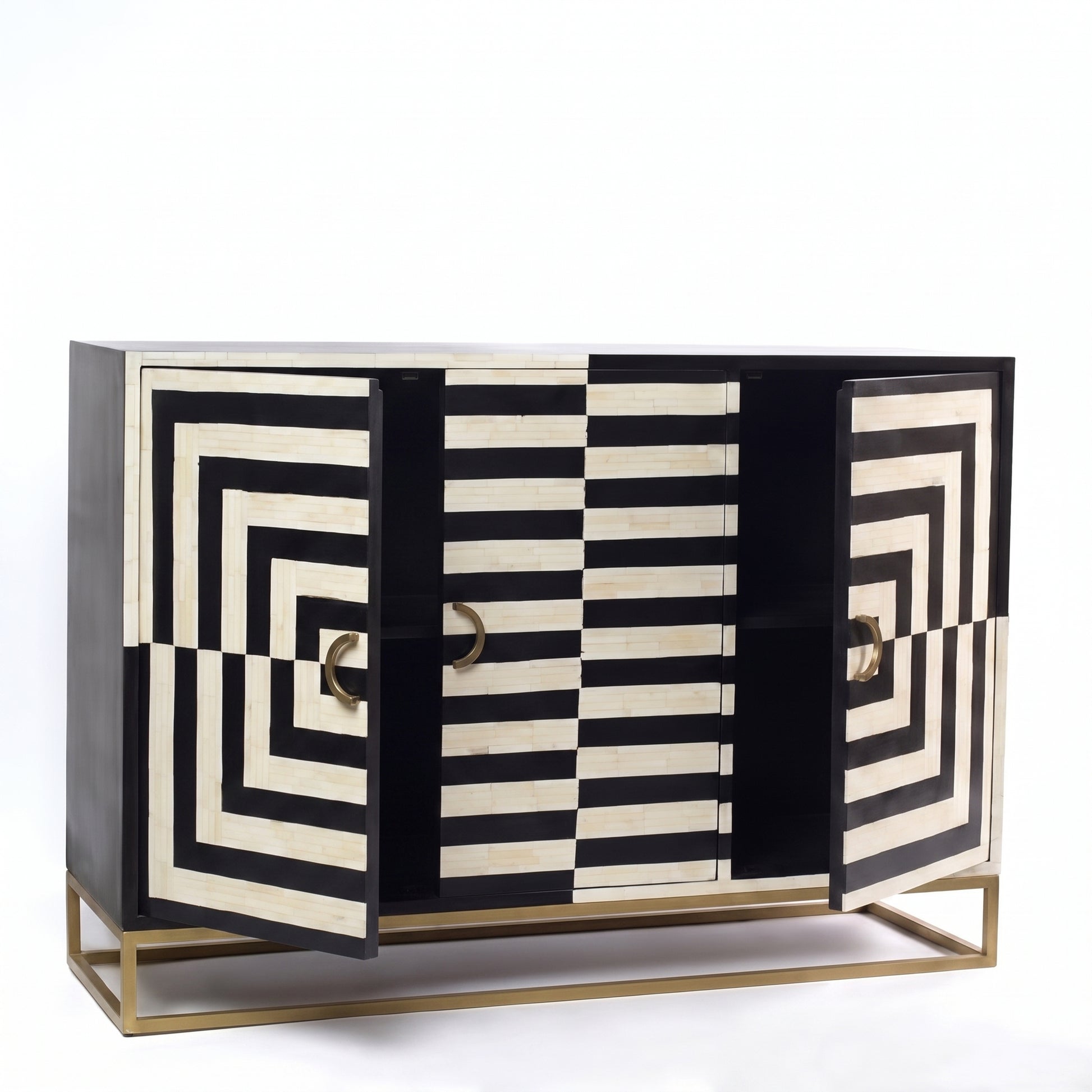 A modern sideboard cabinet with black and cream geometric bone-inlay panels, featuring open doors with gold-tone handles and a gold metal frame base, shown on a white background.