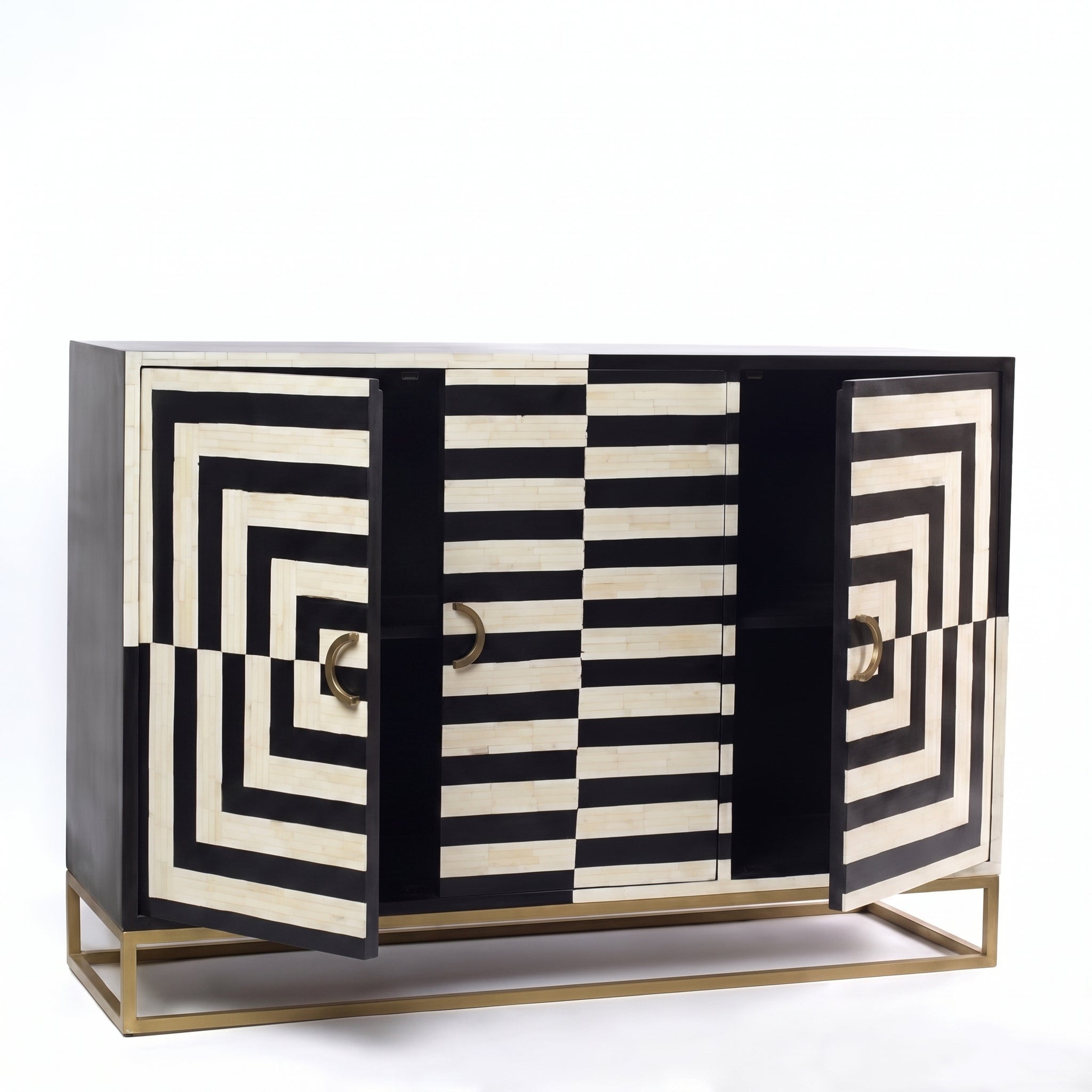 A modern sideboard cabinet with black and cream geometric bone-inlay panels, featuring open doors with gold-tone handles and a gold metal frame base, shown on a white background.