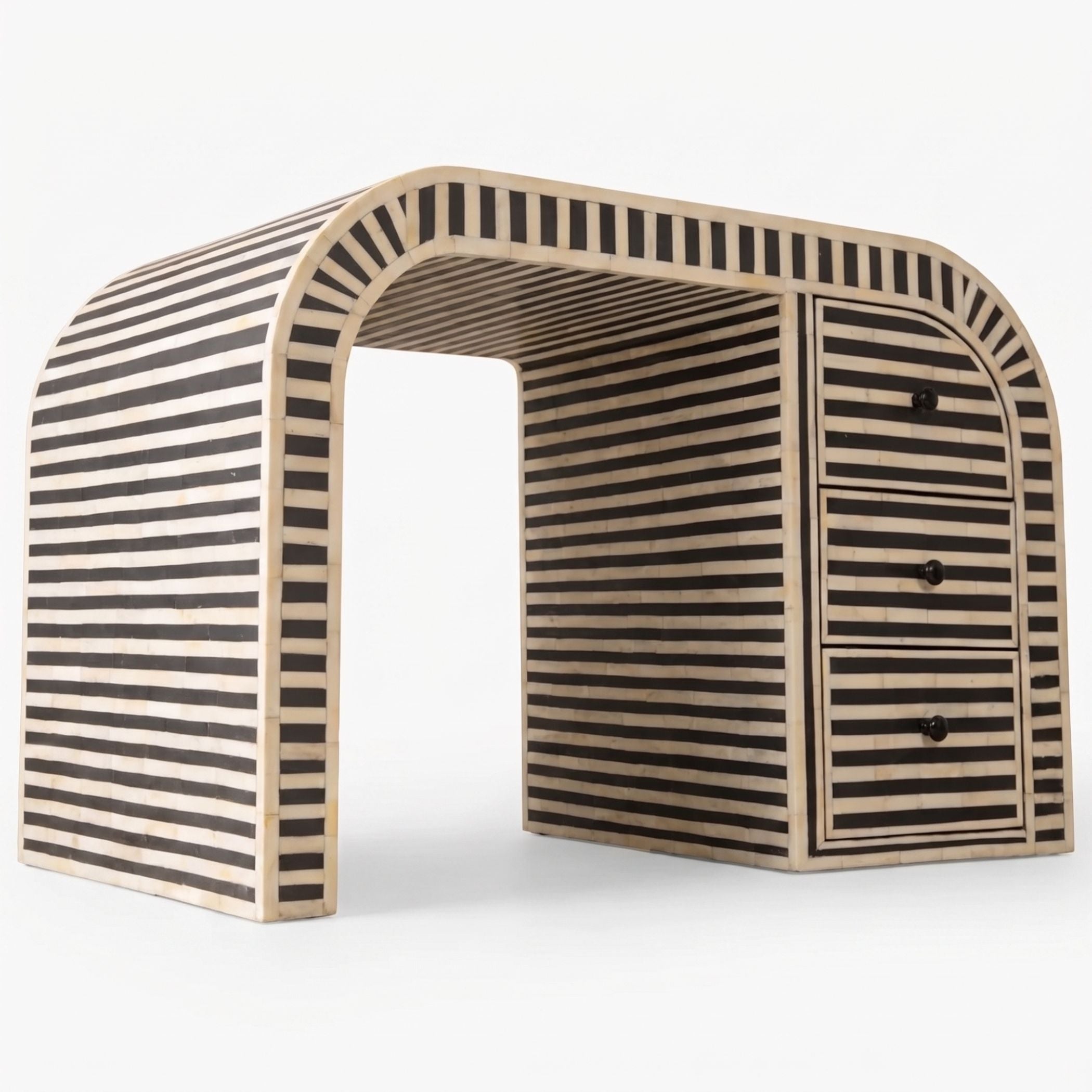 A modern wooden console table with a distinctive arched backrest and three drawers on the right side, featuring a black and natural wood striped pattern.