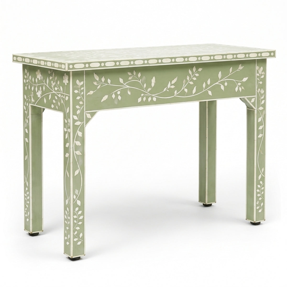 A light sage green console table with white hand-painted floral and vine motifs, shown on a clean white background.
