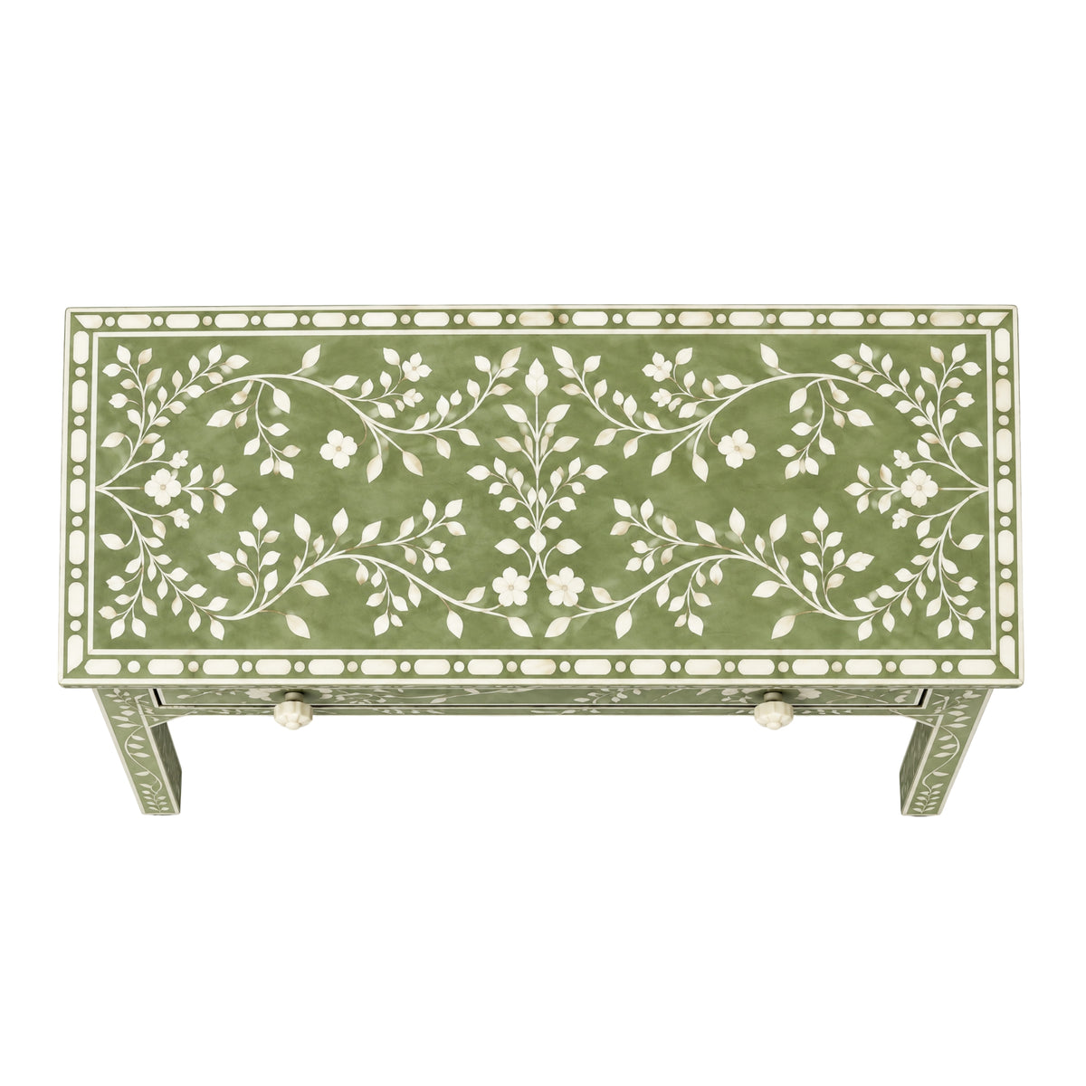 A rectangular green console table with a white floral inlay pattern on the top and matching green-and-white carved legs, shown against a plain white background.