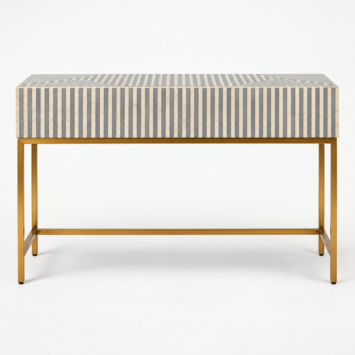 A rectangular console table with a bone-inlay top featuring vertical beige and gray stripes, supported by a slim gold-finished metal frame.