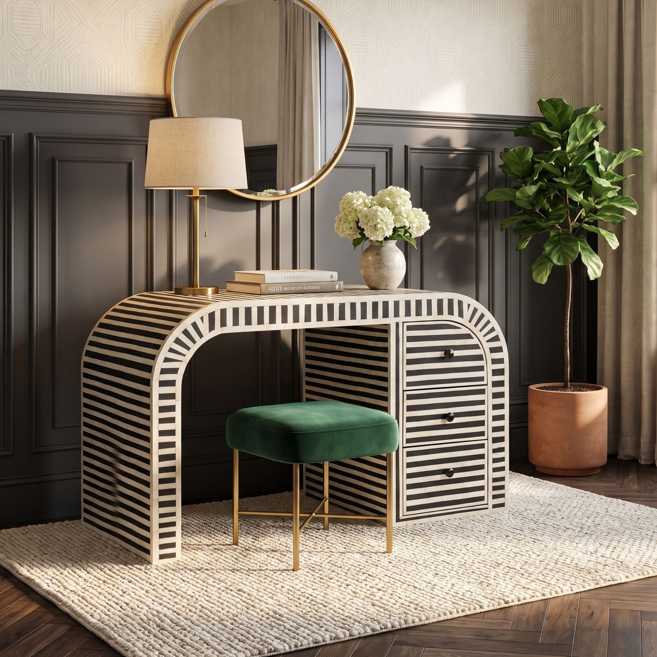 A styled dressing table scene in a real interior room, with a striped arched vanity desk, matching stool, lamp, mirror, flowers, and a potted plant. Because a real environment is clearly present, this is Lifestyle rather than Product/Packaging, even though the furniture is the likely product focus.