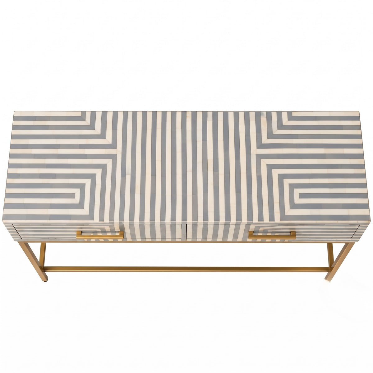 A rectangular console table with a geometric bone-and-stripe patterned top in beige and gray, featuring two gold-tone drawer pulls and a matching gold metal frame.