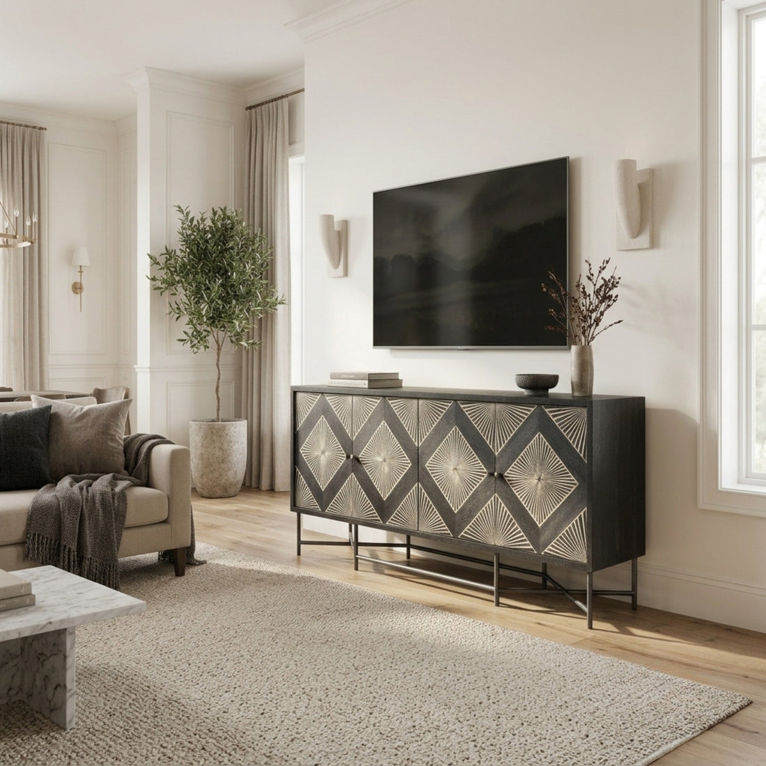 A modern sideboard cabinet with a dark charcoal gray wood finish and intricate white inlay patterns forming repeating diamond and sunburst motifs on each door, supported by a slim black metal frame.