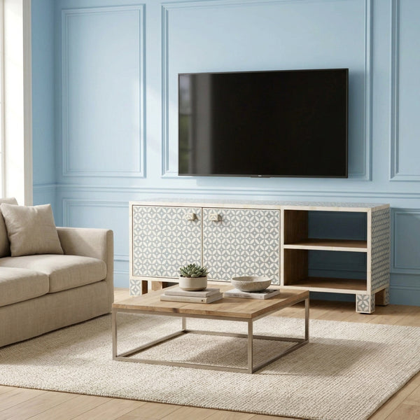 Handmade Bone Inlay Media Console with Geometric Floral Pattern