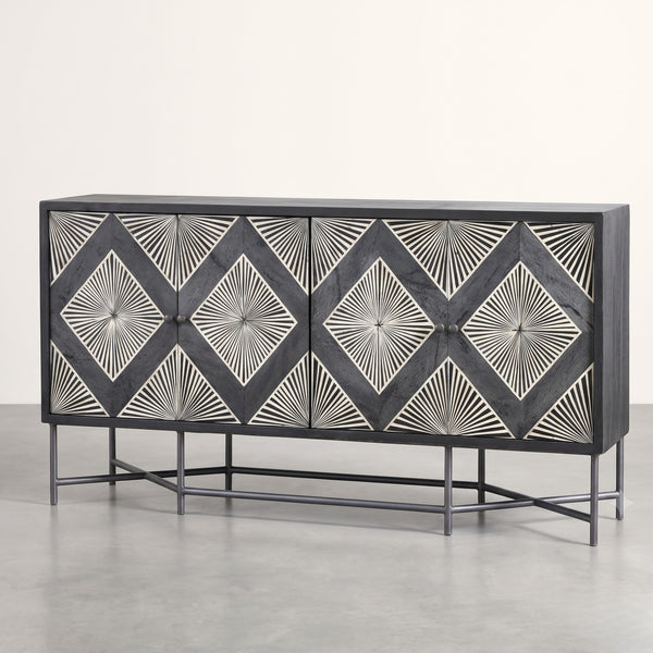 Handmade Black & White Diamond Geometric Bone Inlay Media Console