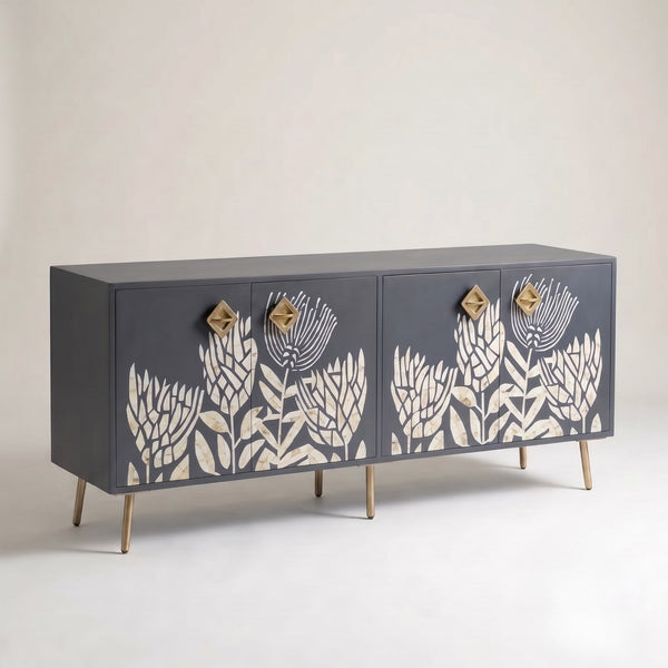 Handmade Bone Inlay Botanical Floral Media Console in Charcoal Gray