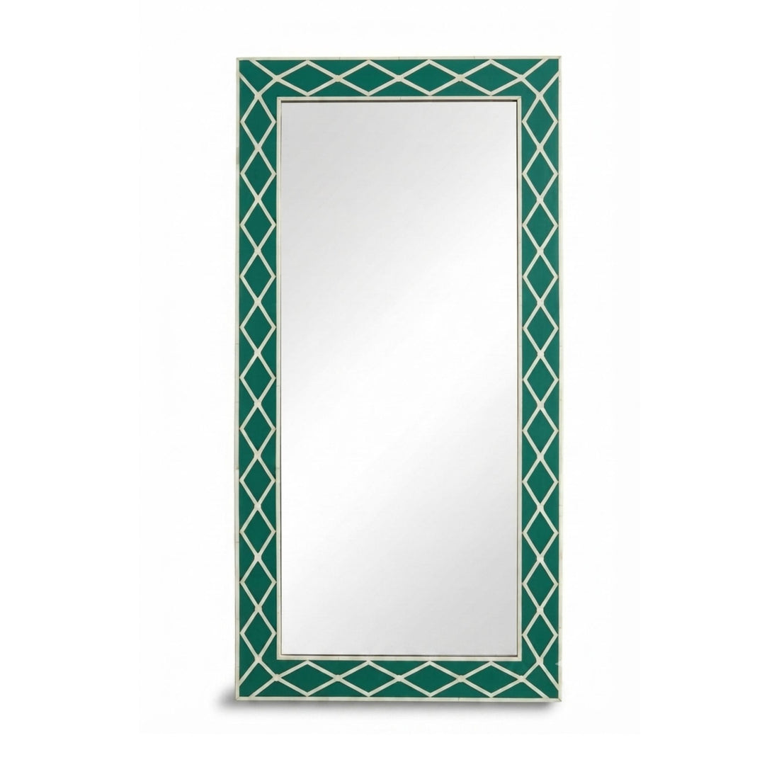 A rectangular wall mirror with a decorative teal and white geometric border, mounted on a beige wall above a dark wood console table, with a staircase visible in the background.